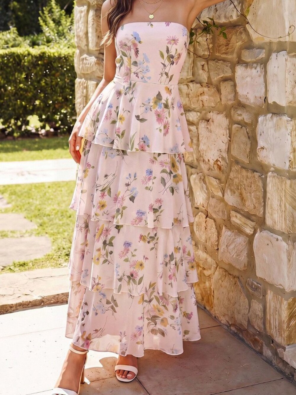 Dusty Pink Boho Floral Women's Strapless Chiffon Dress - Picture 9 of 10